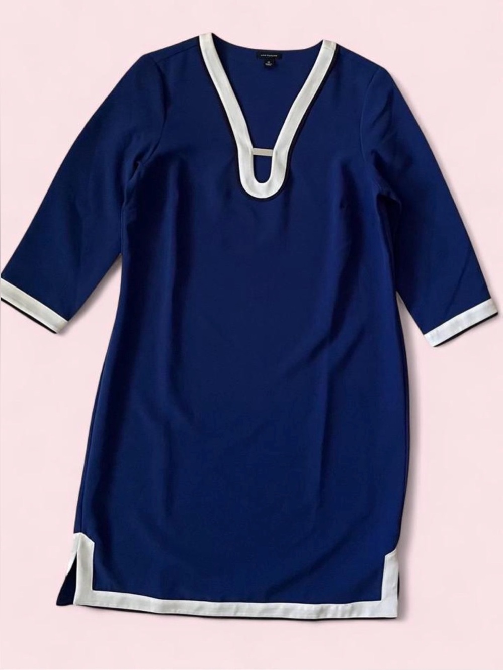 Anne Taylor Cobalt Blue & White Trimmed Bold Caftan Tunic Shift Dress – Size M
